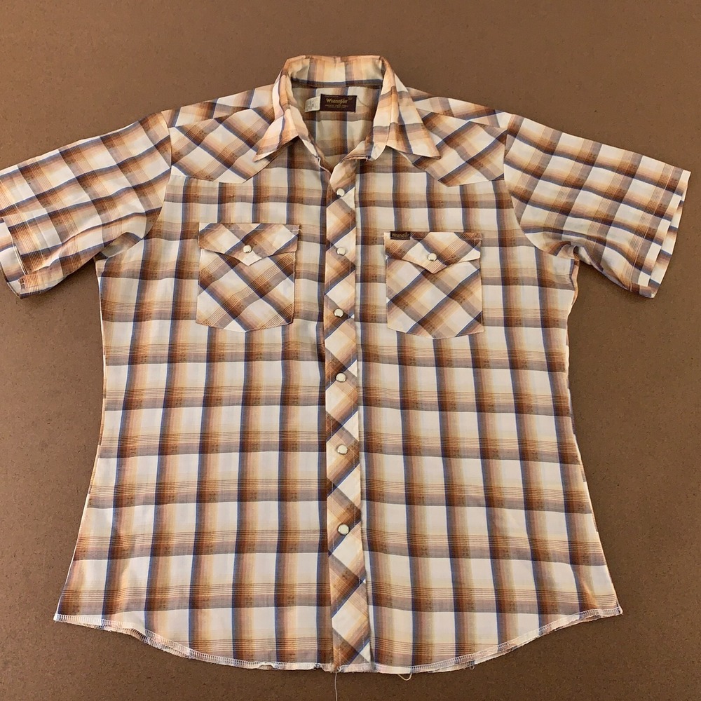 Wrangler Mens Large Beige Plaid Short Sleeve 2 Pocket Pearl Snap Western Shirt